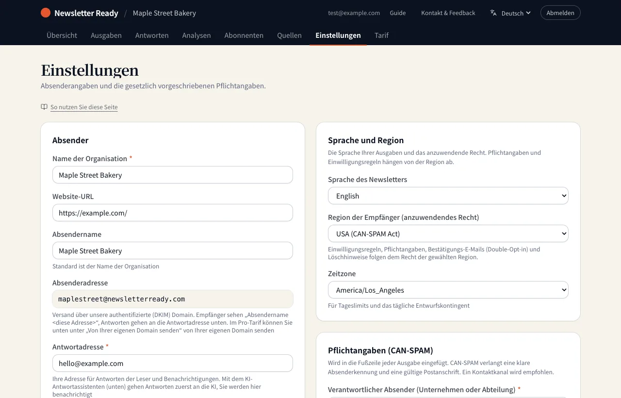 Die Seite „Einstellungen“