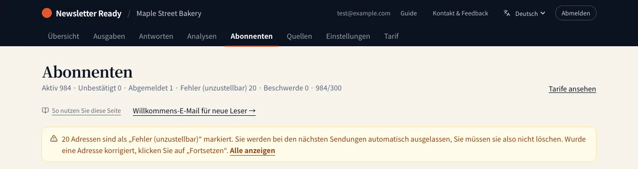 Als „Fehler (unzustellbar)“ markierte Adressen