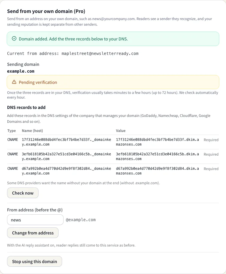 A custom domain waiting for verification