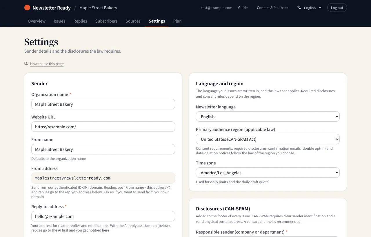The Settings page