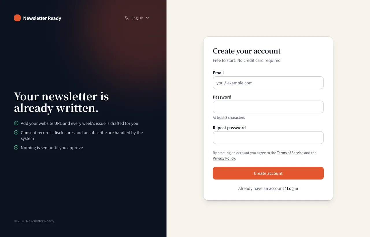 The sign-up page