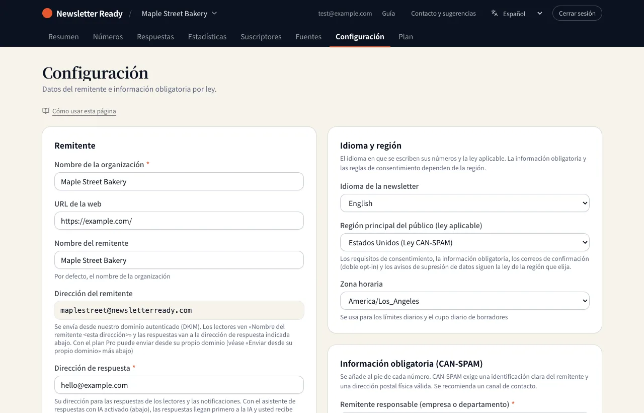 La página de configuración