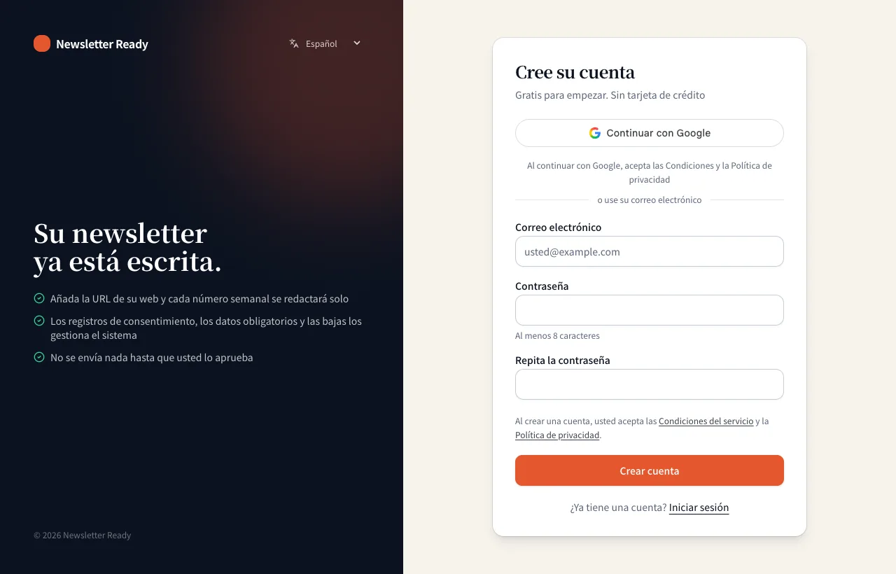 La página de registro