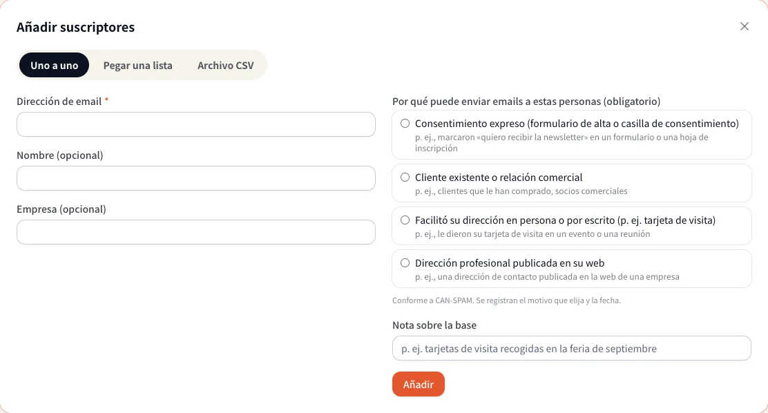 Añadir suscriptores uno a uno