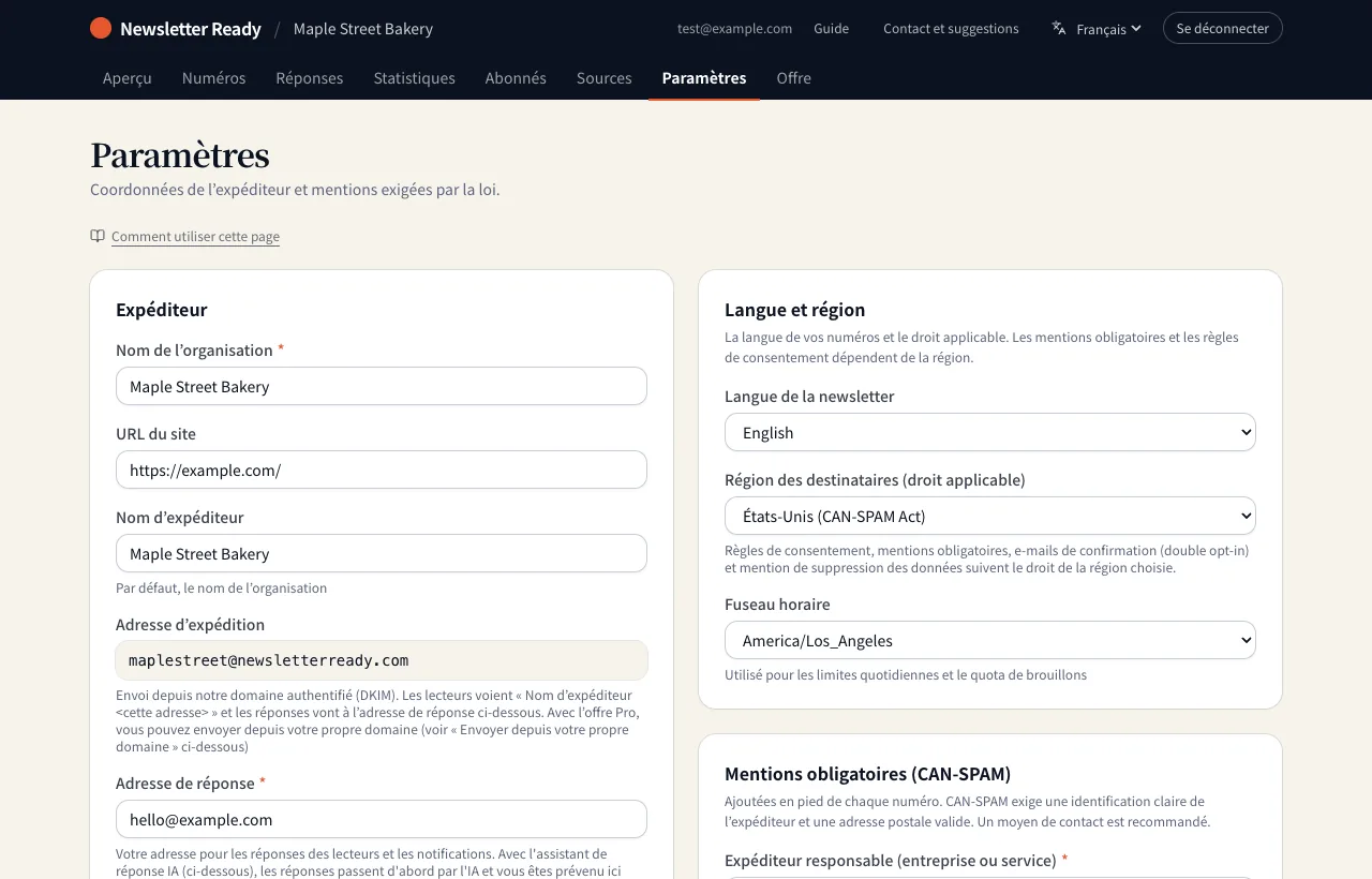 La page « Paramètres »