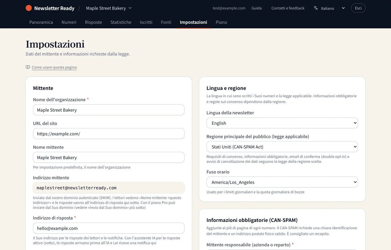 La pagina Impostazioni
