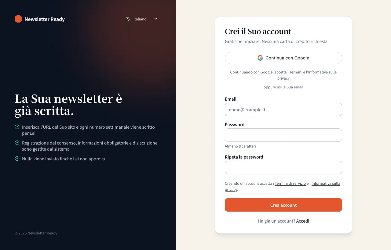 La pagina di registrazione