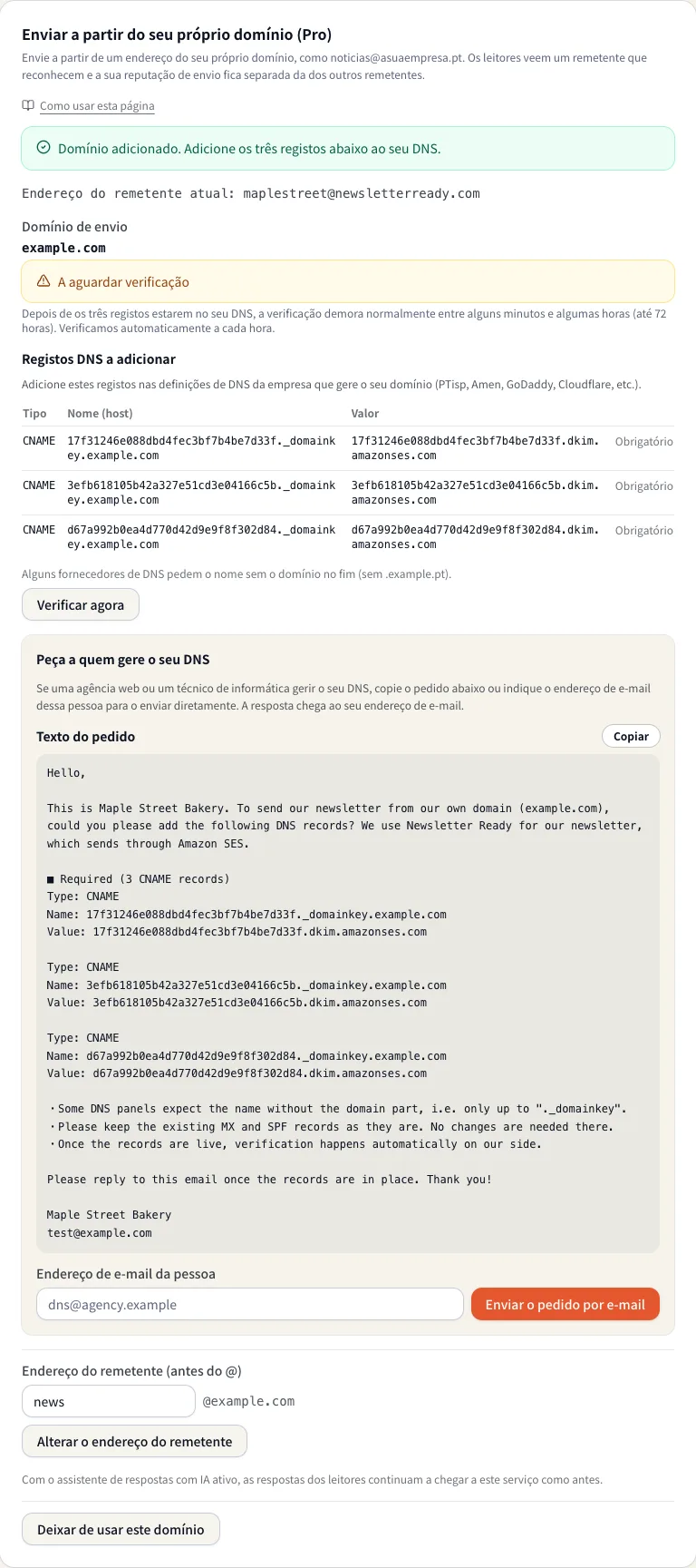 Um domínio próprio a aguardar verificação